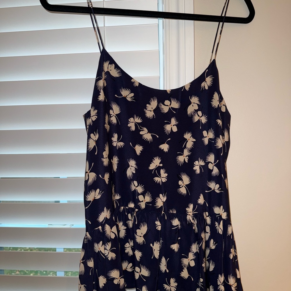 Navy Blue Spaghetti Strap Dress with White Leaf Print